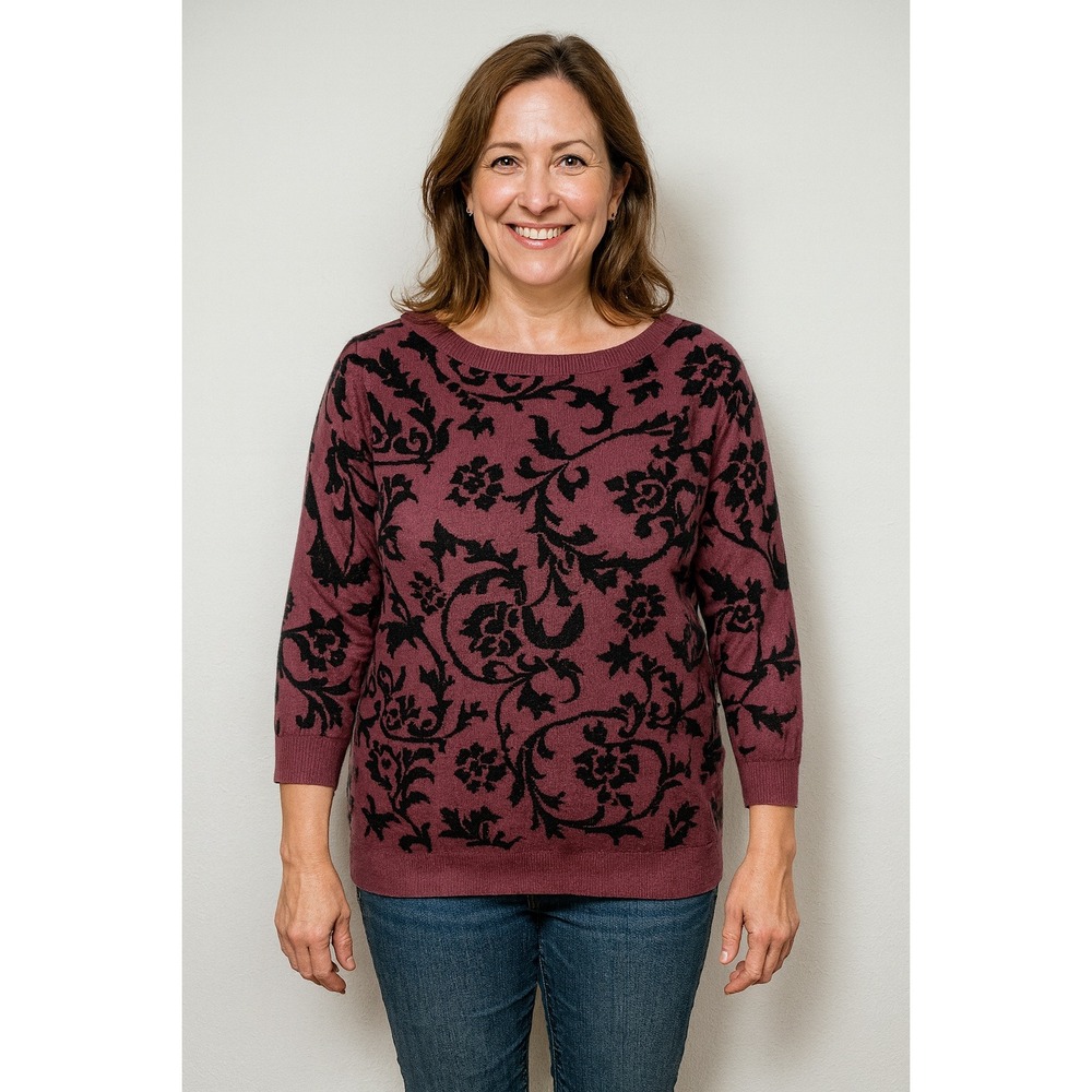 LOFT Floral Patterned Sweater in Plum and Black